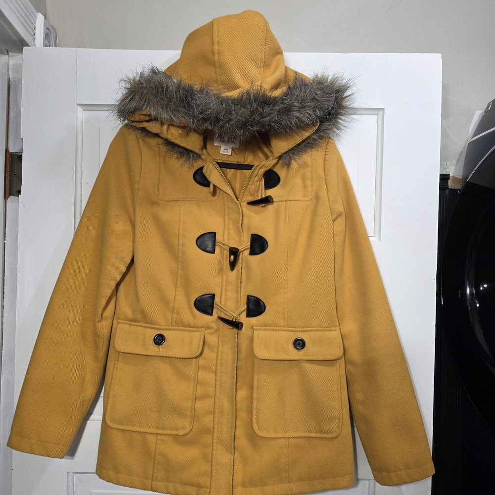 Women's Mustard Toggle Coat with Faux Fur Hood